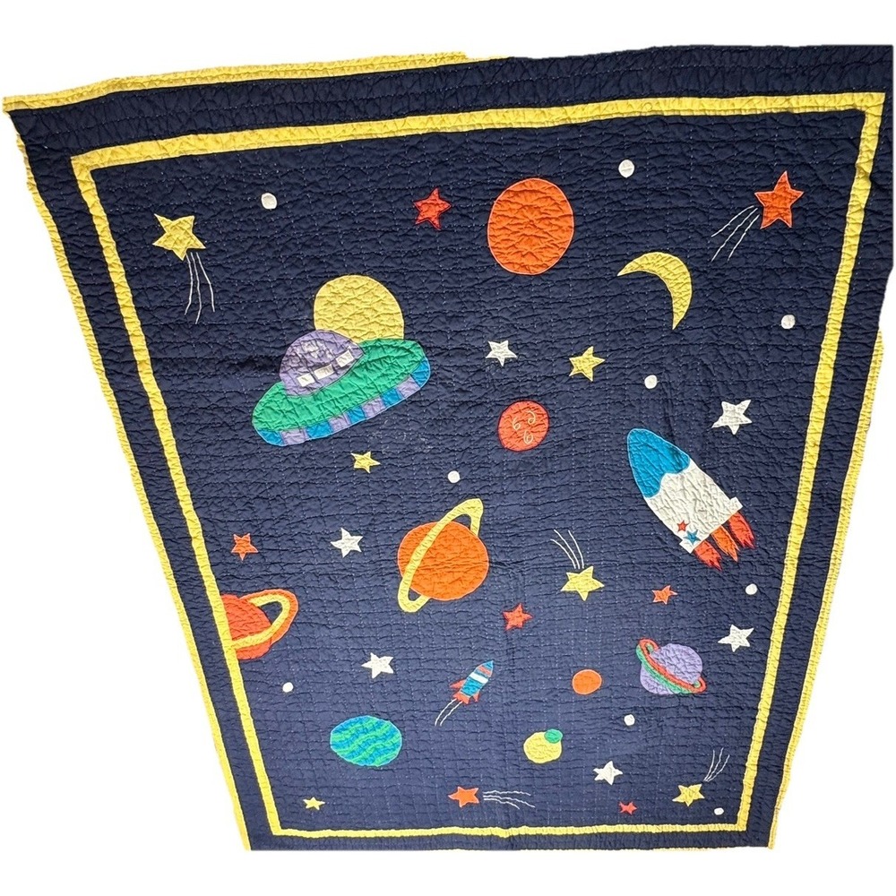 Vintage Space Quilt Twin Size 82x61.5 Rocket Planet Solar System Kids Blanket - Picture 2 of 16